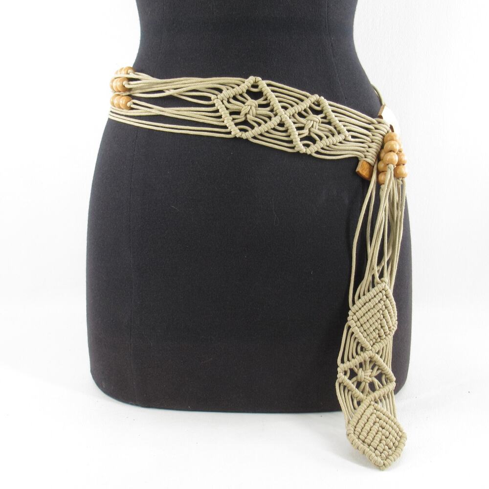 Vintage Macrame Beaded Hip Belt Women Taupe Wood Chevron Adjustable Wood D Ring